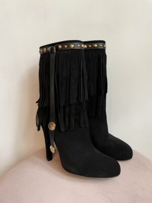 Gucci Black Suede Devendra Fringe Detail Ankle Boots Size 38 1/2