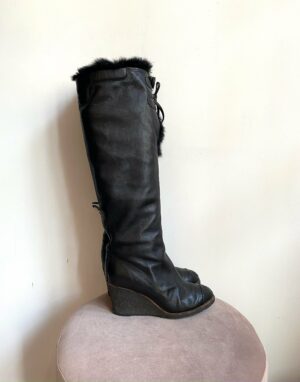Chanel Black Leather Fur Knee boots Wedge Heel Size 38,5