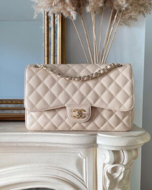 Chanel Beige Leather Timeless Jumbo Caviar Double Flap Bag