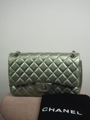 Chanel Silver/Sage Classic Double Flap Bag Jumbo