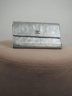 Chanel Metallic Silver Quilted Long Wallet