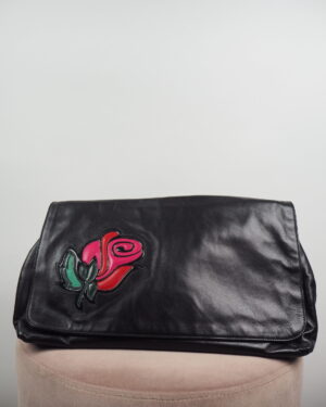 Prada Black Leather Clutch Rose Applique