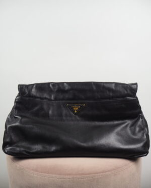 Prada Black Leather Clutch Rose Applique