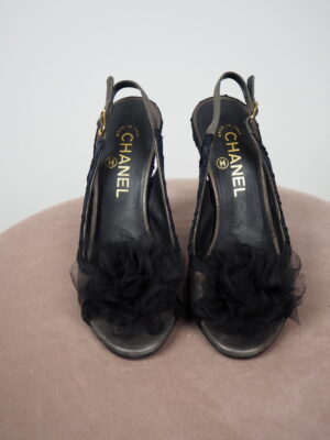 Chanel Grey/Black Tule Silk Camellia Flower Heels Size 37,5