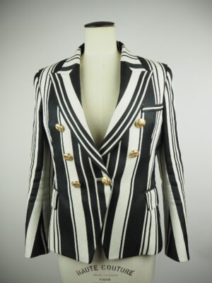 Balmain Black And White Cotton Striped Blazer Size FR 42