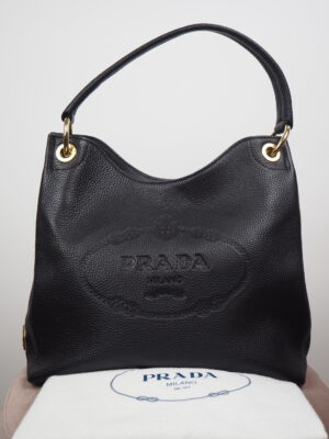 Prada Black Embossed Leather Logo Hobo Bag Medium