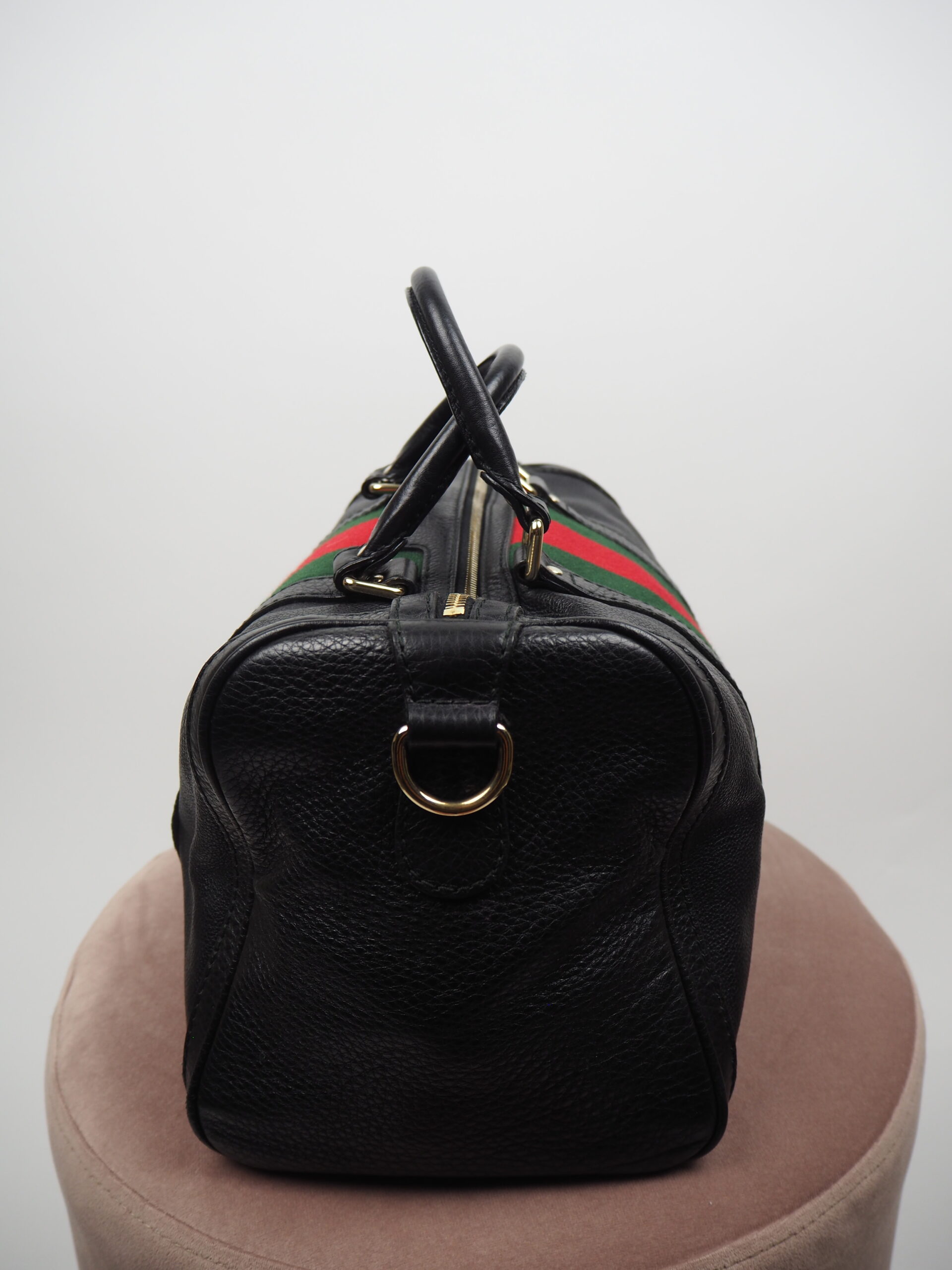 Gucci Black Pebbled Leather Vintage Web Medium Boston Bag w