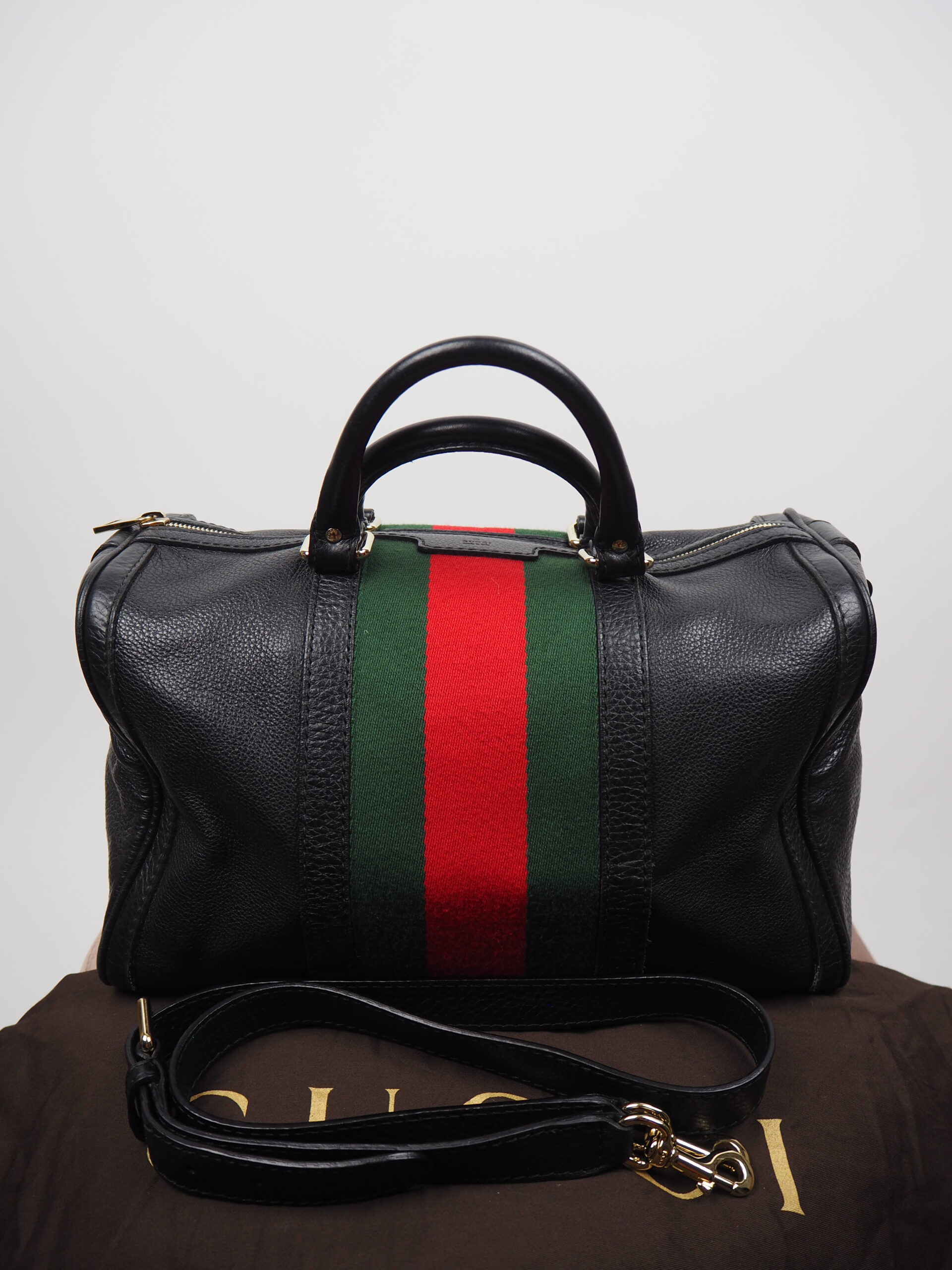 Lot - Gucci Black Leather Striped Boston Bag
