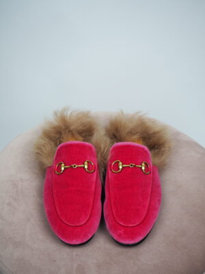 Gucci Pink Princetown Velvet Fur Lined Loafer Size EU35