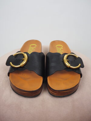 Chloé Black Leather Lauren Flat Sandals Size EU 38