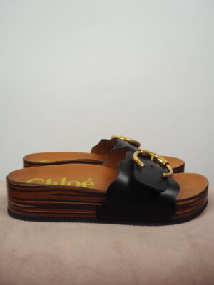 Chloé Black Leather Lauren Flat Sandals Size EU 38