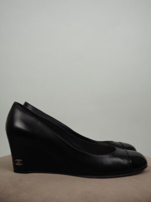 Chanel Black Leather Wedge Heels Size EU 39