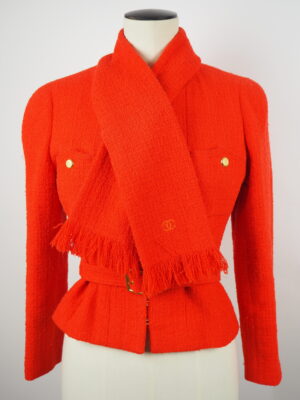 Chanel Tweed Red Jacket+Scarf Size FR 38