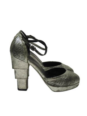 Chanel Metallic Silver Leather Platform Ankle-Strap Heels Size EU 36,5