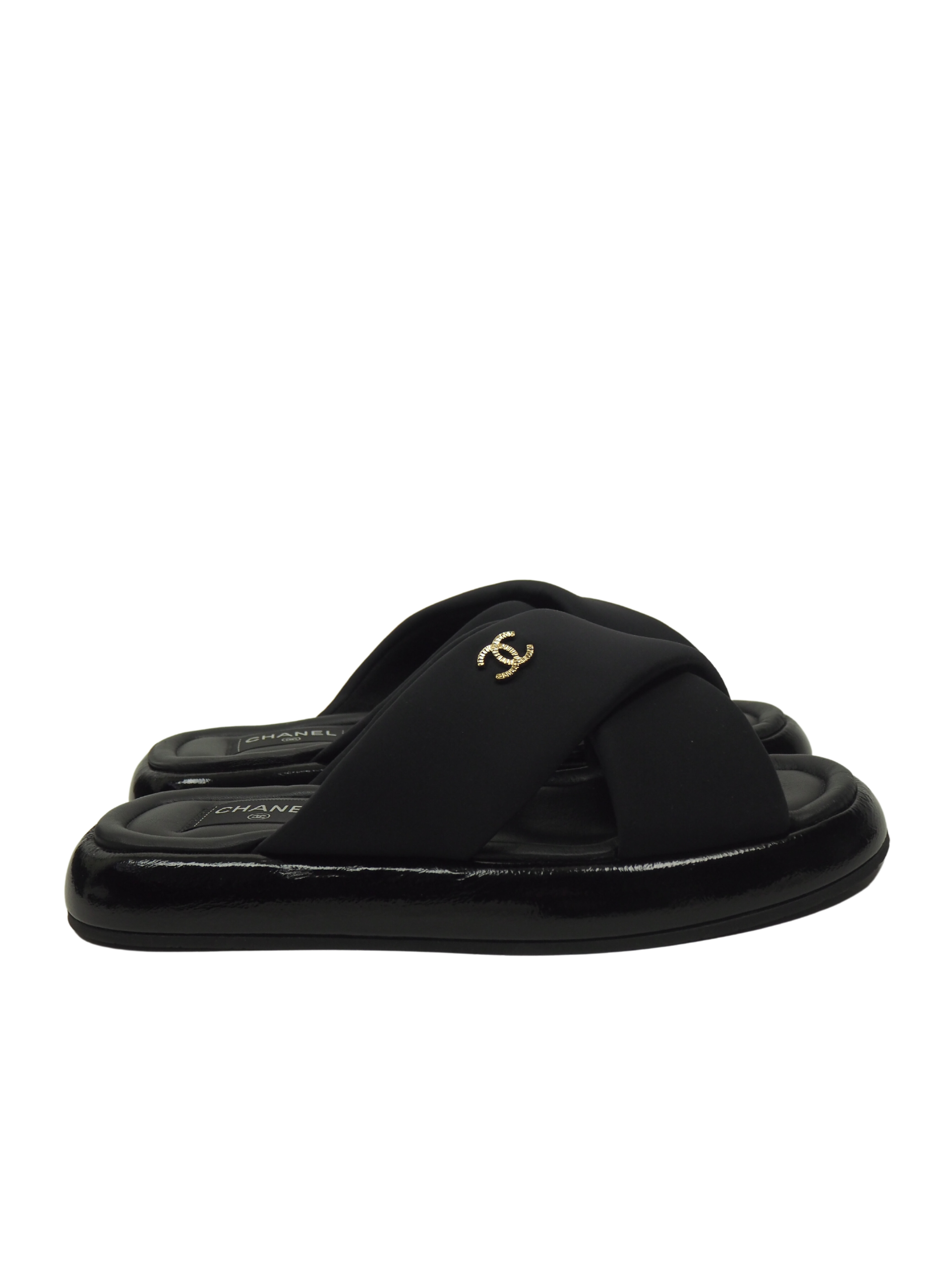 Chanel Black Fabric Puffy CC Logo Sandals Size EU 40 – Luxeparel