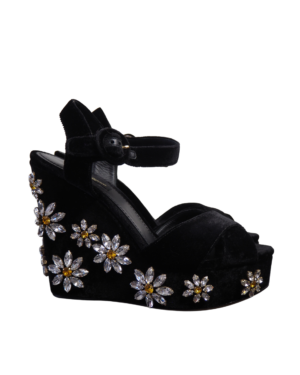 Dolce & Gabbana Black Velvet Daisy Strass Wedge Heels Size 38