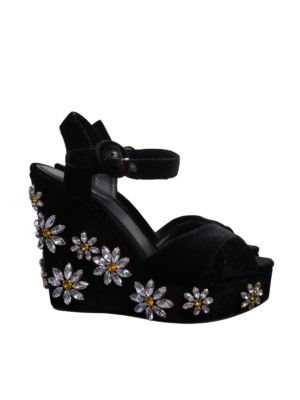 Dolce & Gabbana Black Velvet Daisy Strass Wedge Heels Size 38