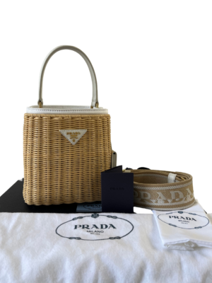 Prada Beige Wicker and White Leather Panier Bag