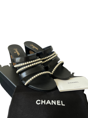 Chanel Black Leather Pearl Mules Size 40