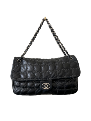 Chanel Black Lambskin Leather Tweed Shoulder Bag