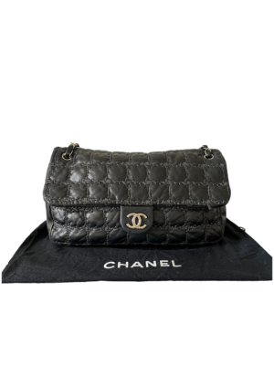 Chanel Black Lambskin Leather Tweed Shoulder Bag