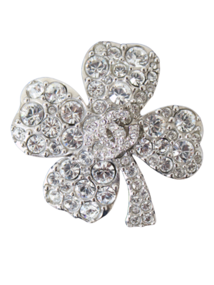 Chanel Silver Rhinestone Clover CC Brooch