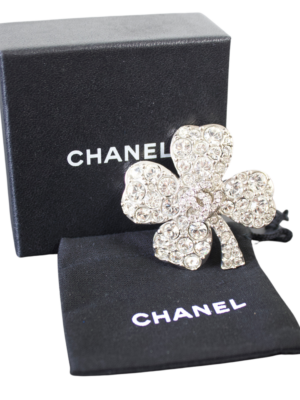 Chanel Silver Rhinestone Clover CC Brooch