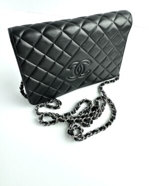 Chanel black leather wallet on chain