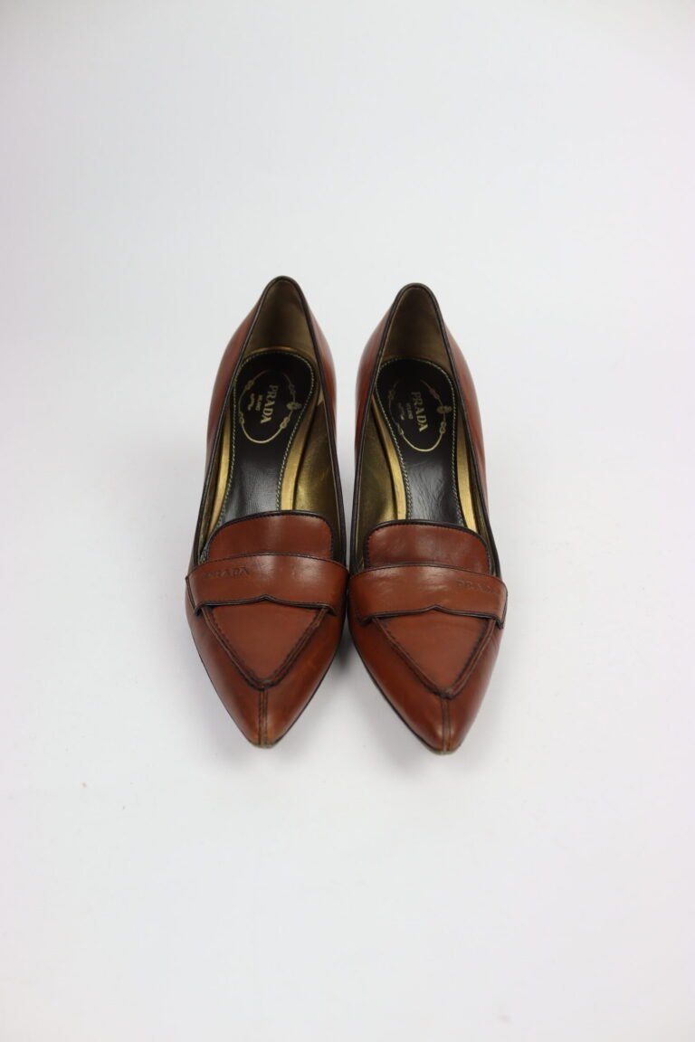 Prada brown leather heeled loafers EU size 36,5 | Luxeparel